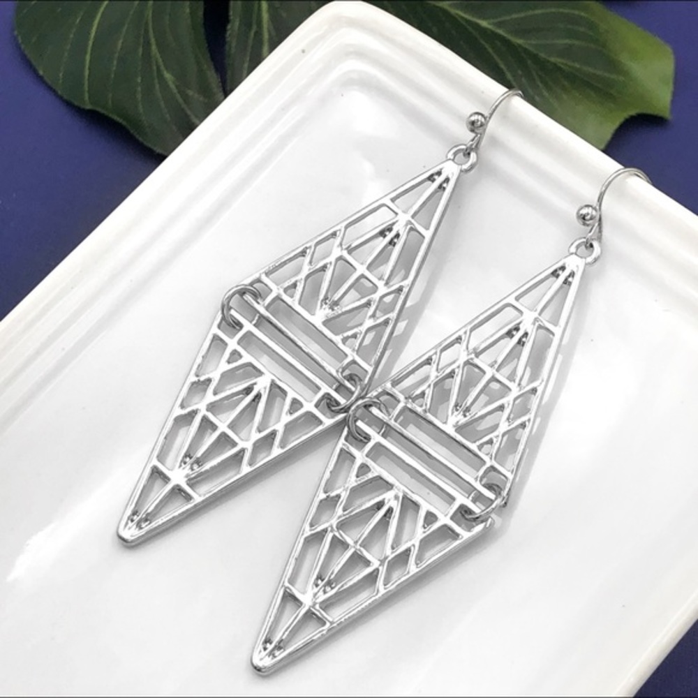 🌼 Long Silver Geometric Lines Double Triangle Tribal Dangle Earrings